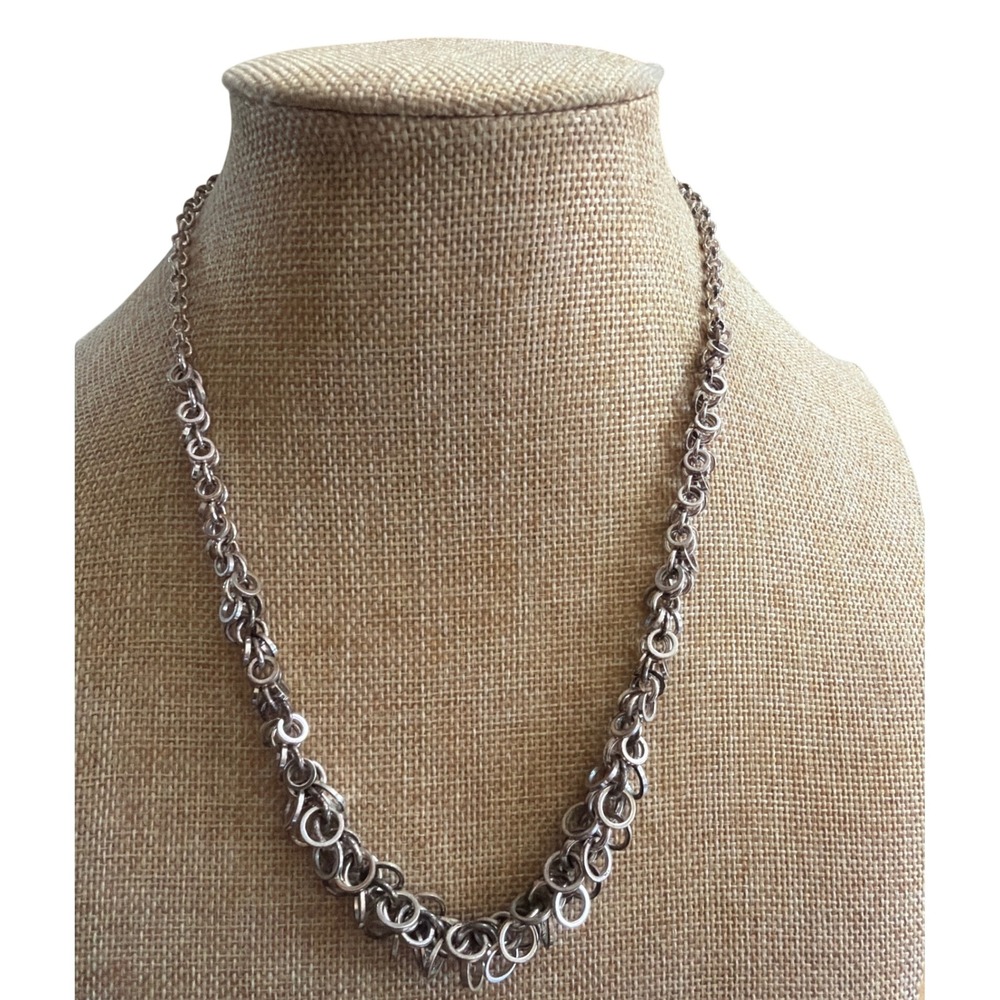 Silver Tone Multi Ring Cluster Chain Necklace Adjustable Contemporary Staemenr